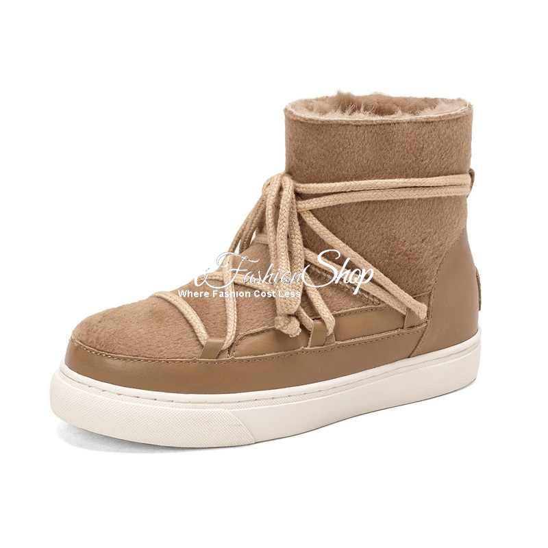 Cross Tied Lace-Up Winter Boots Camel