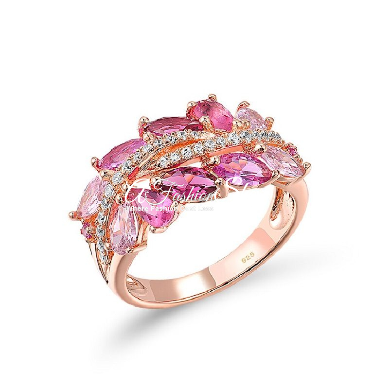 Crystal Leaf Pink Sapphire Ring Gold Band
