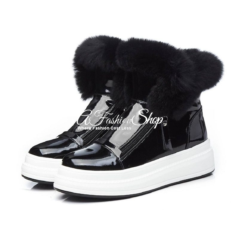 Zip-Up Rabbit Plush Ankle Boots Black