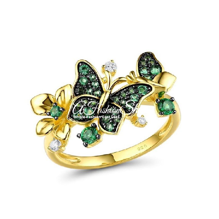 Classic Gold Green Flower Butterfly Ring Gemstones