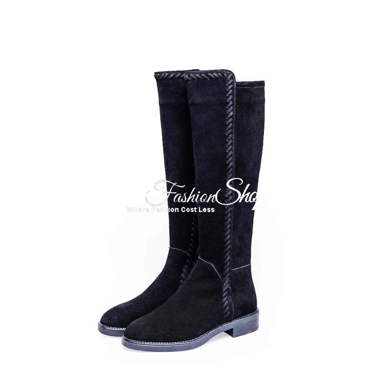 Knee-High Long Boot Real Black Suede