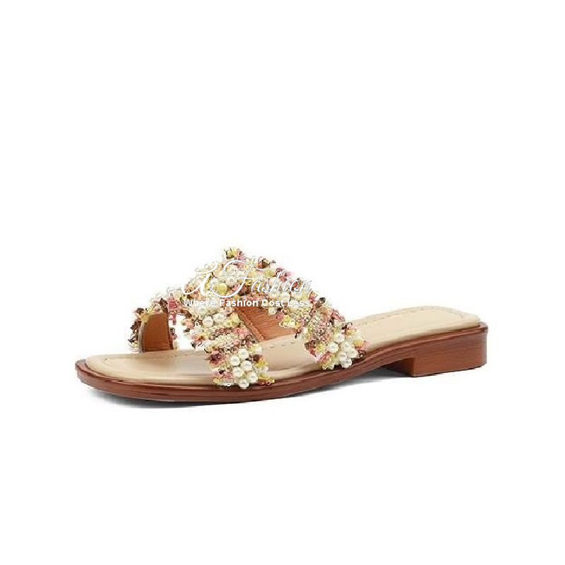 Peep Toe Sequined Slip On Beige Sandal