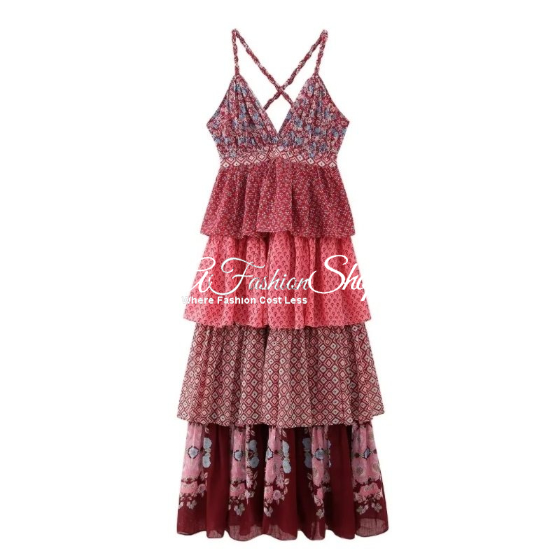 Red Printed Ruffle Long Cotton Dress