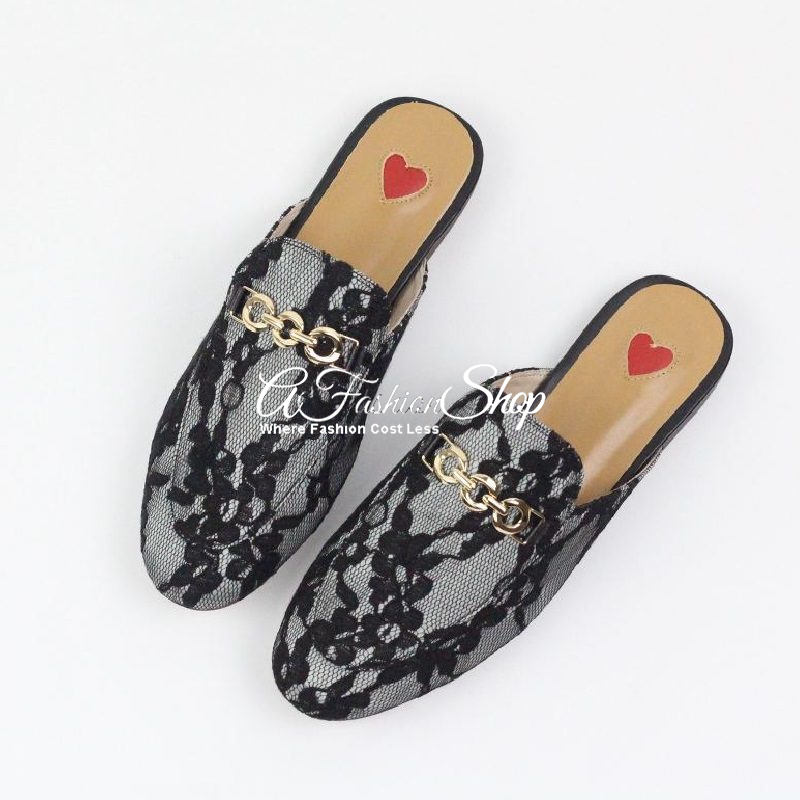 Linnie Lace-Embroidered Slip-on Flats Black/White