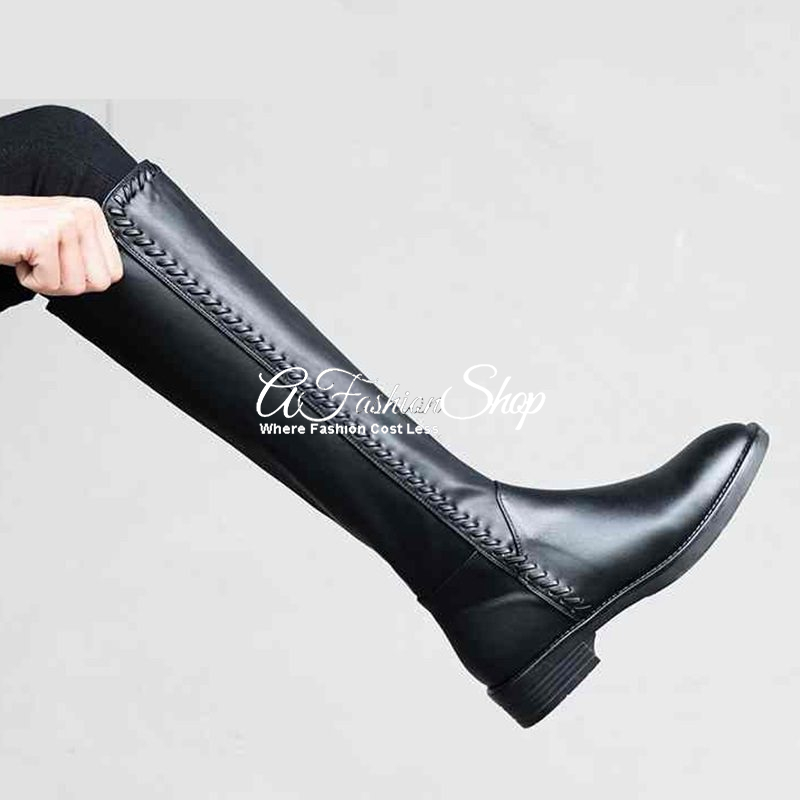 Knee-high Long Boot Real Leather Noir Black