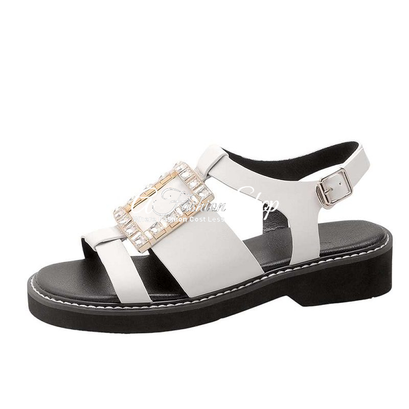 Buckle Crystal-embellished Leather White Sandal