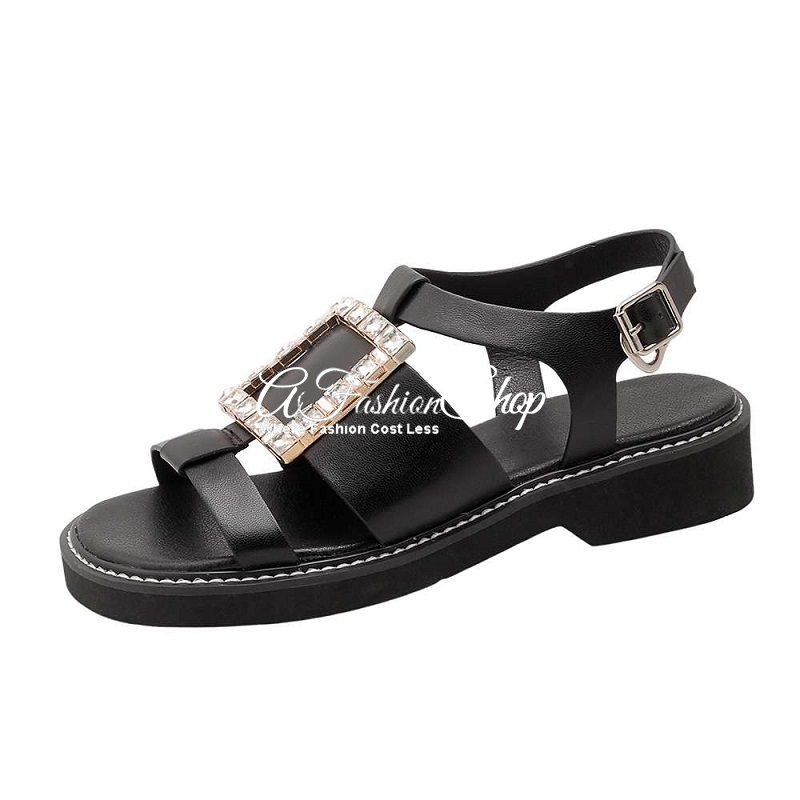 Buckle Crystal-embellished Leather Black Sandal