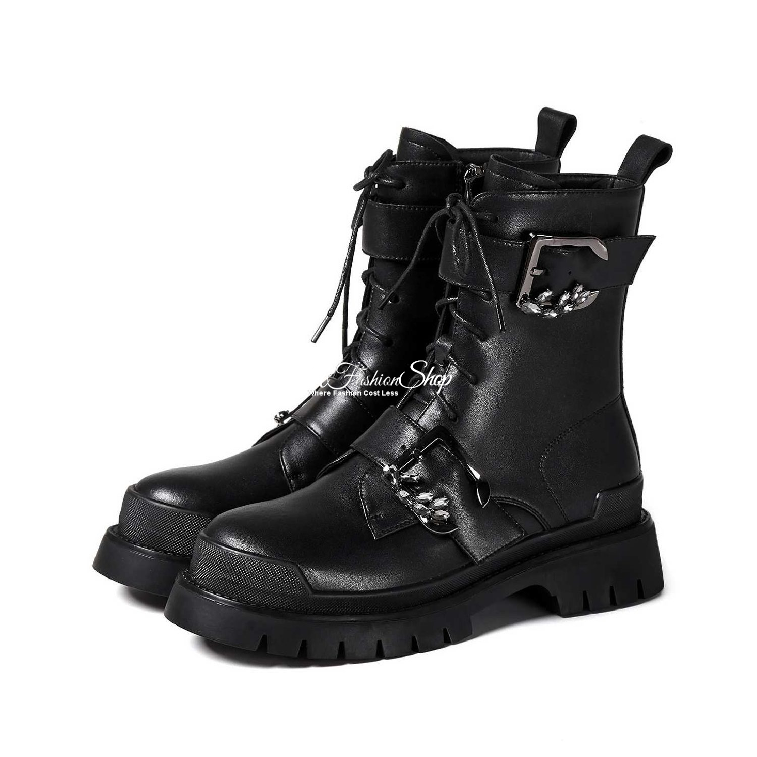 Boots With Lace Glittering Buckles Black