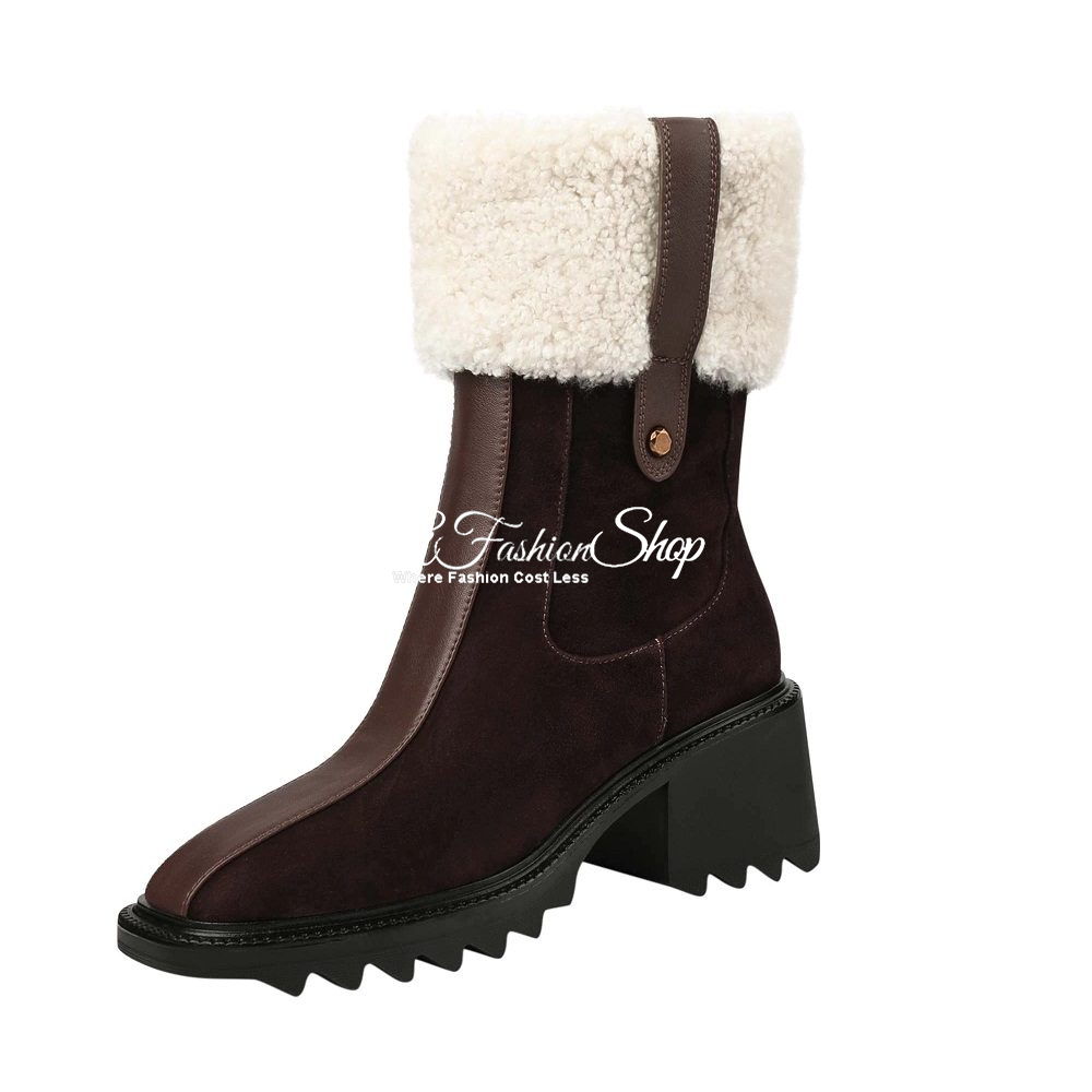 Suede Boots Leather Side Zipper Brown
