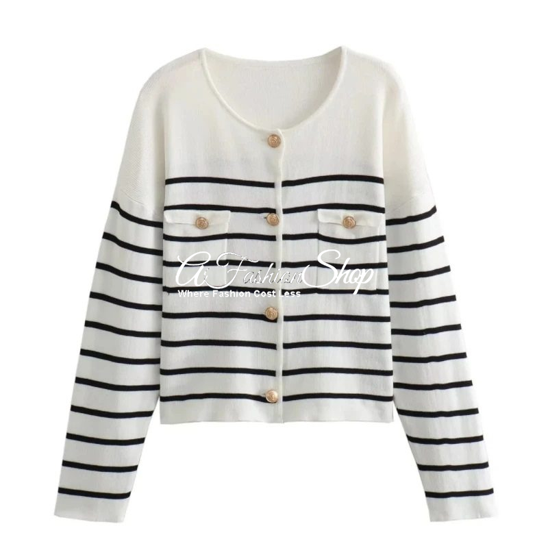 Striped Knit Cardigan With Pocket