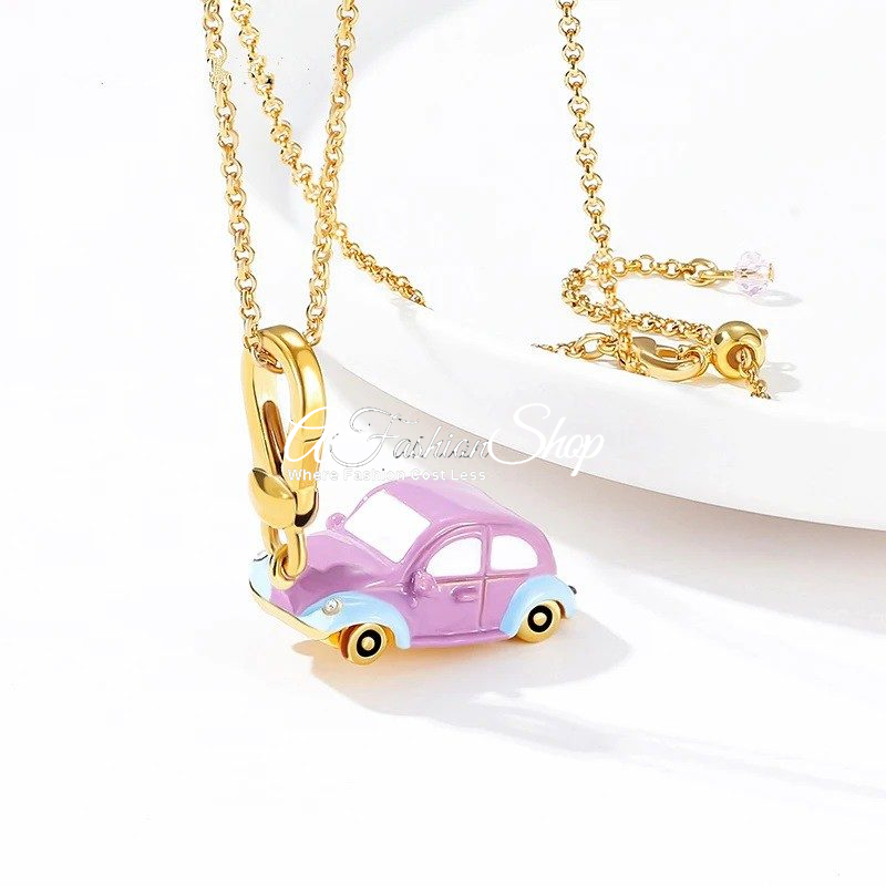 French Lilac Antique Motorcar Pendant With Necklace