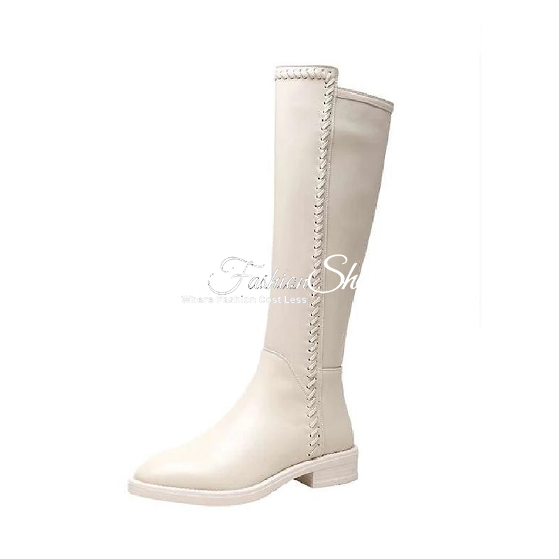 Knee-high Long Boot Real Leather Light Ecru