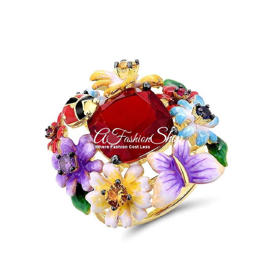 Ladybug Colorful Florals Handmade Enamel Ring