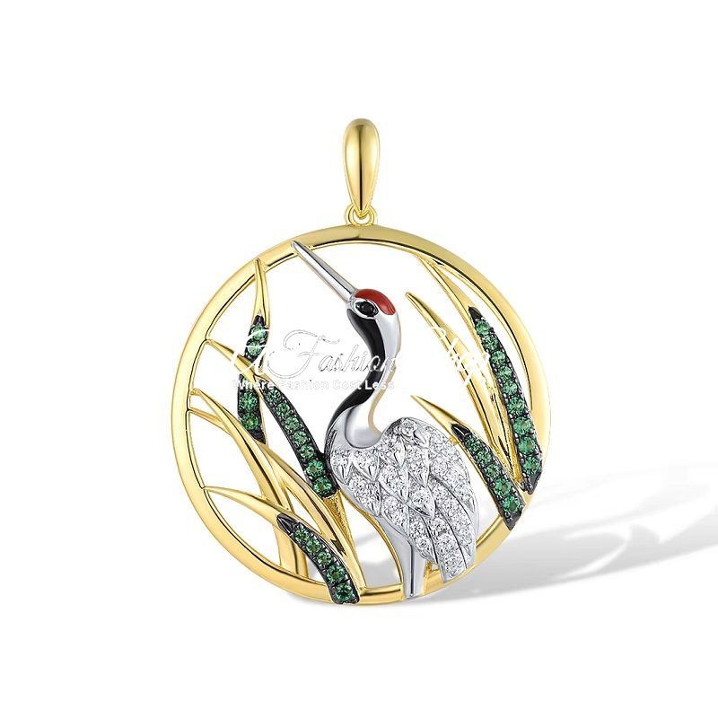 Crane Charm White CZ Round Pendant