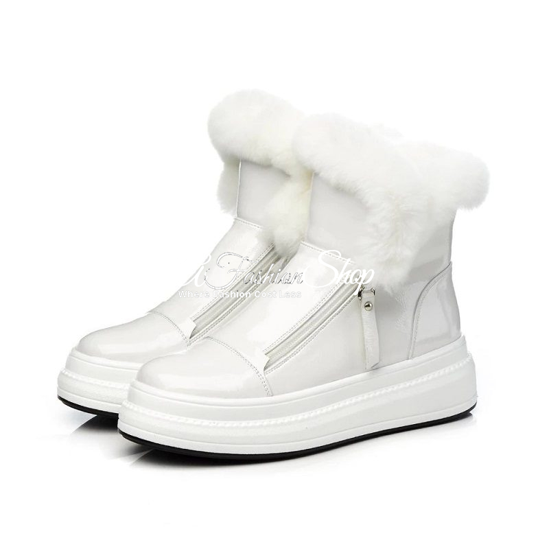 Zip-Up Rabbit Plush Ankle Boots White