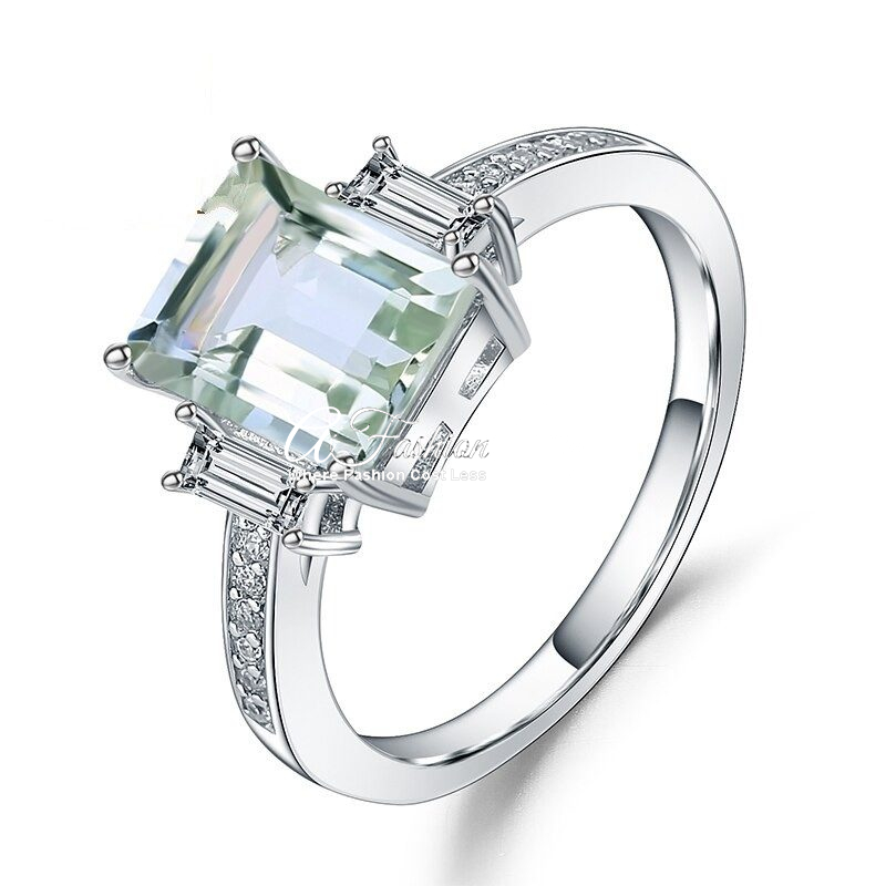 Green Amethyst Emerald Cut Silver Wedding Ring