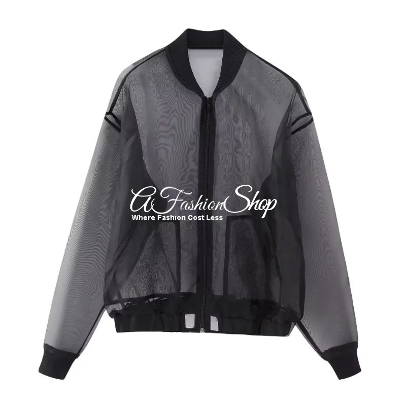 Black Organza Sheer Bomber Jacket