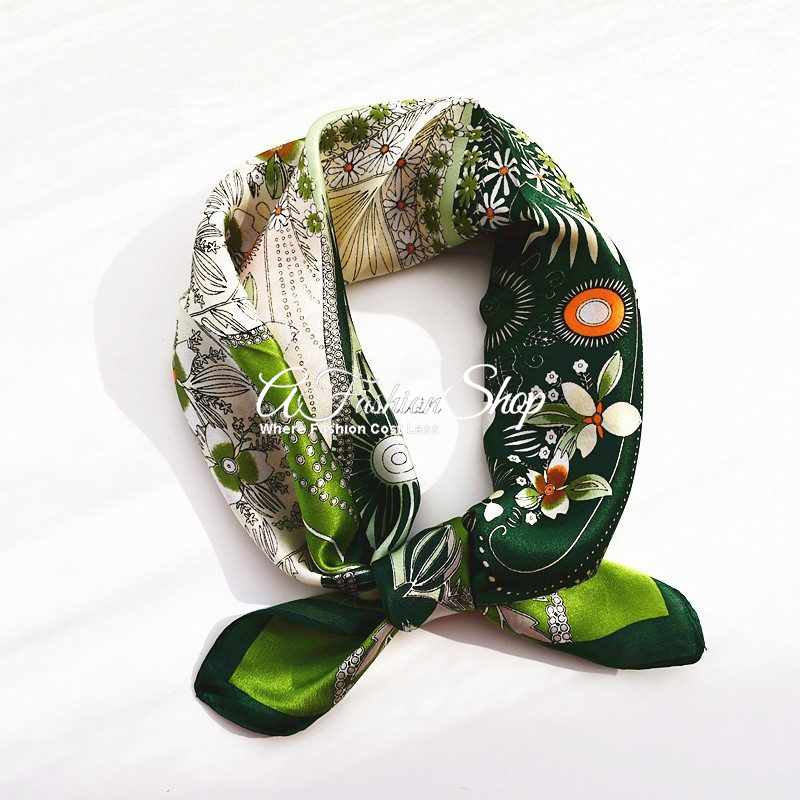 French Silk Scarf Green Floria 50 Square