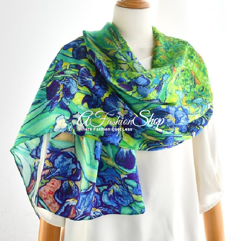 Famous Artist Garden Blue Irises Long Shawl
