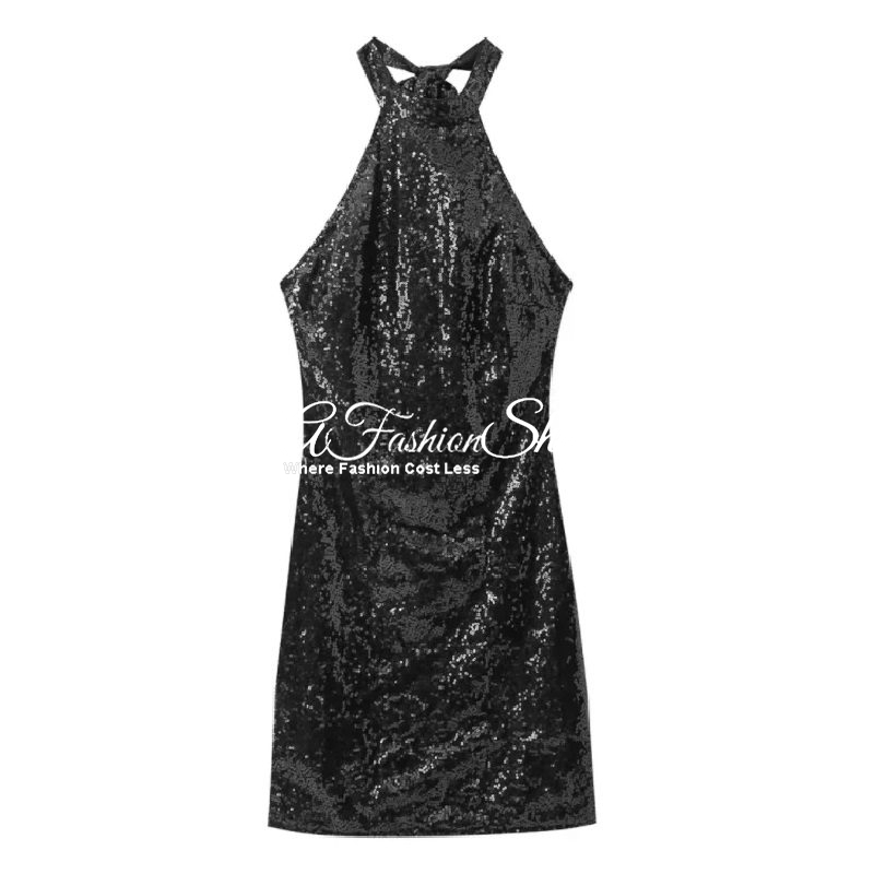 Open Back Halter Black Sequins Dress