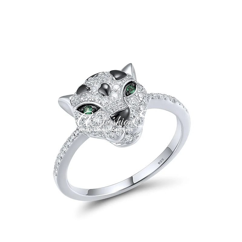 Silver Ring Panther Head In Green Spinel Eye