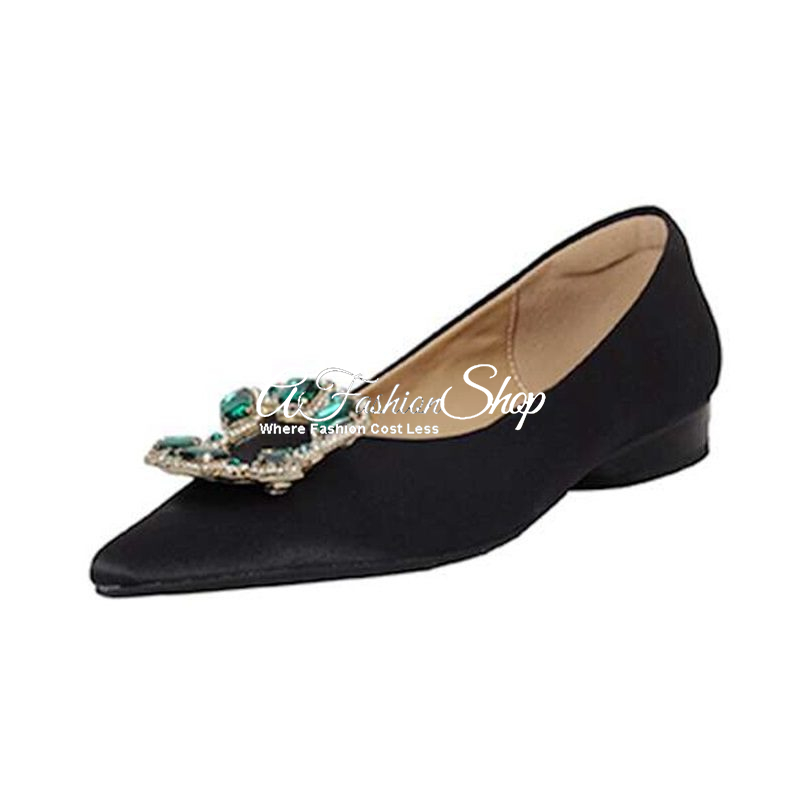 Camelia Black Satin Jewel Pointed Toe Flat