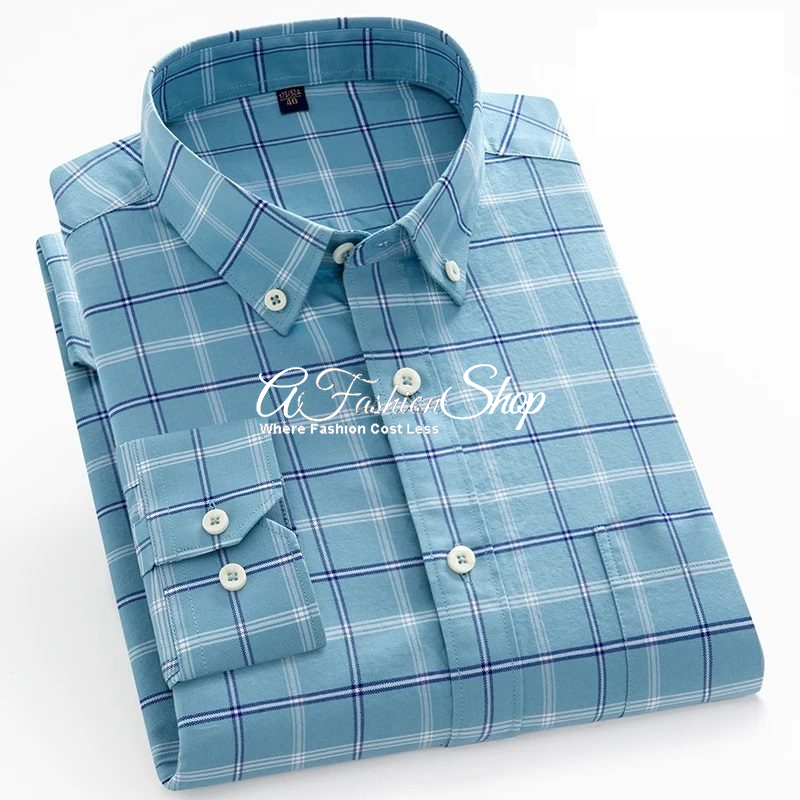 Men’s Office Shirt Cotton Oxford Plaid Checkered