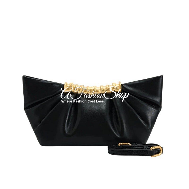 Serena Pleated Leather Frame Black Clutch