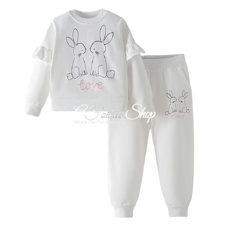 Girl Ruffled Sleeve & Rib Pant Set White