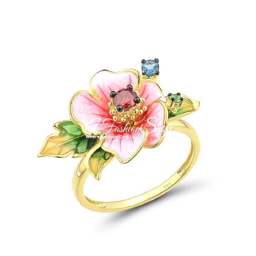 Rose Hibiscus Gemstone Enamel Ring