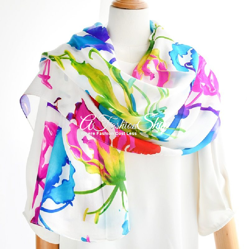 Watercolor Splash White Silk Long Scarf