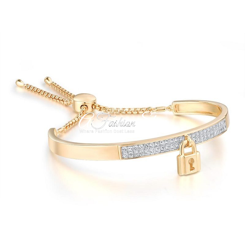 Padlock Charm CZ Adjuster Bracelet Gold-tone
