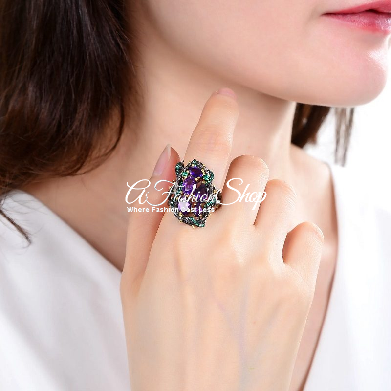 Art Deco Cocktail Ring Amethyst Chunky Gemstone