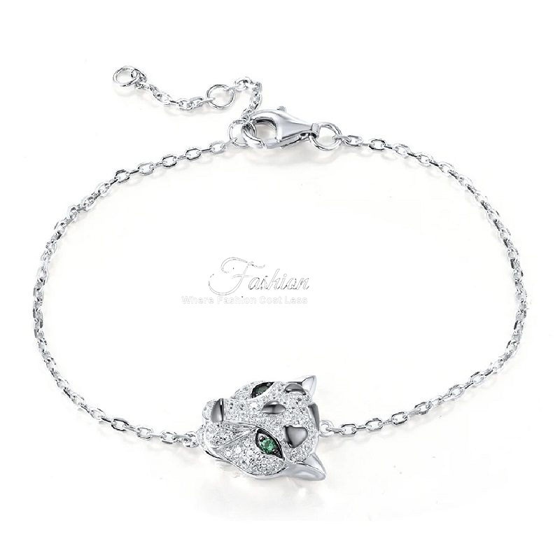 Silver Bracelet Panther Head In Green Spinel Eye