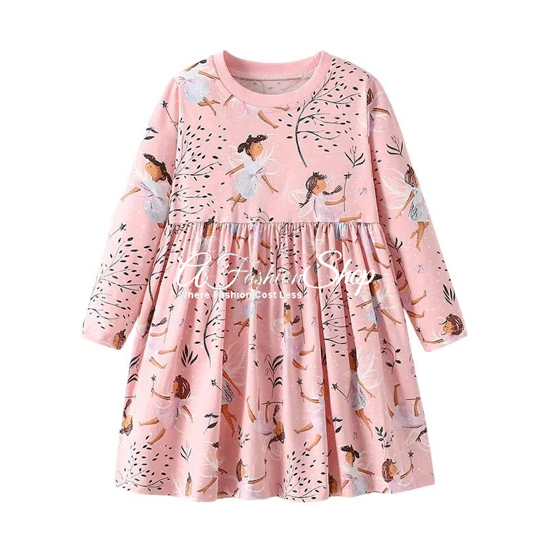 Little Fairies Print Long Sleeve Jersey Dress