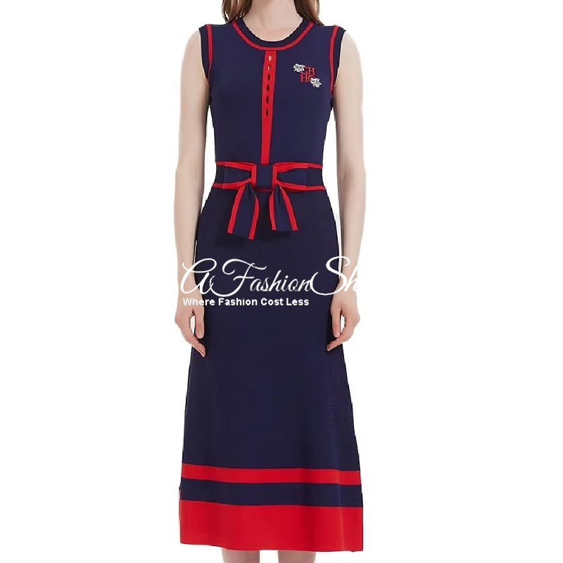 Knit Dress Marine Blue Knit-Tie Ribbon