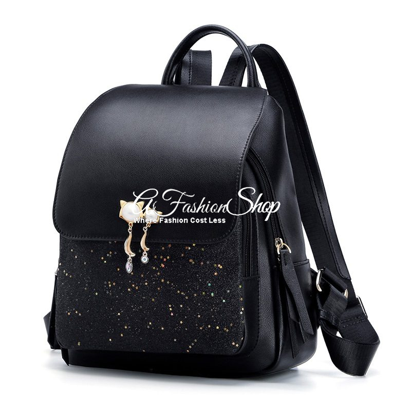 Glittering Golden Star With Logo Leather Backpack