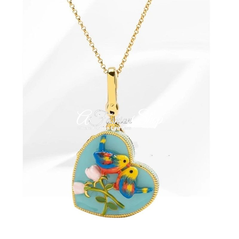 Hand-painted Lovebird Pendant W/Necklace