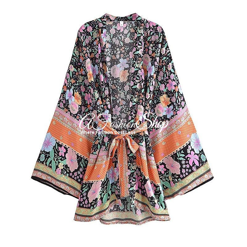 Short Kimono Oriental Motif Twill Belt -Black