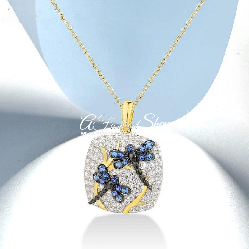 Dragonfly Square Pendant Blue CZ