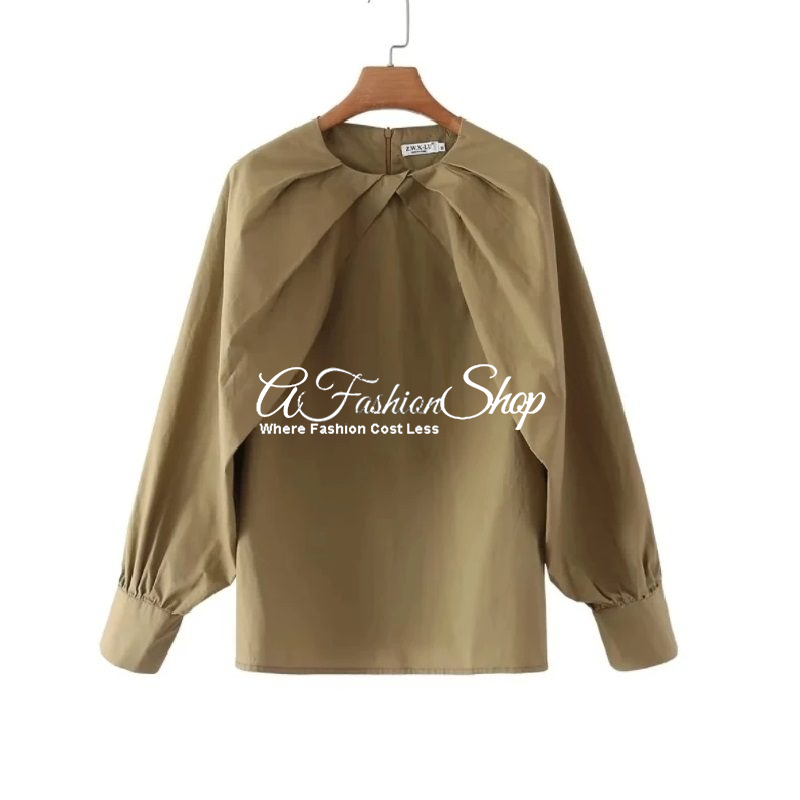 Brown Pleat Front Long Sleeve Blouse