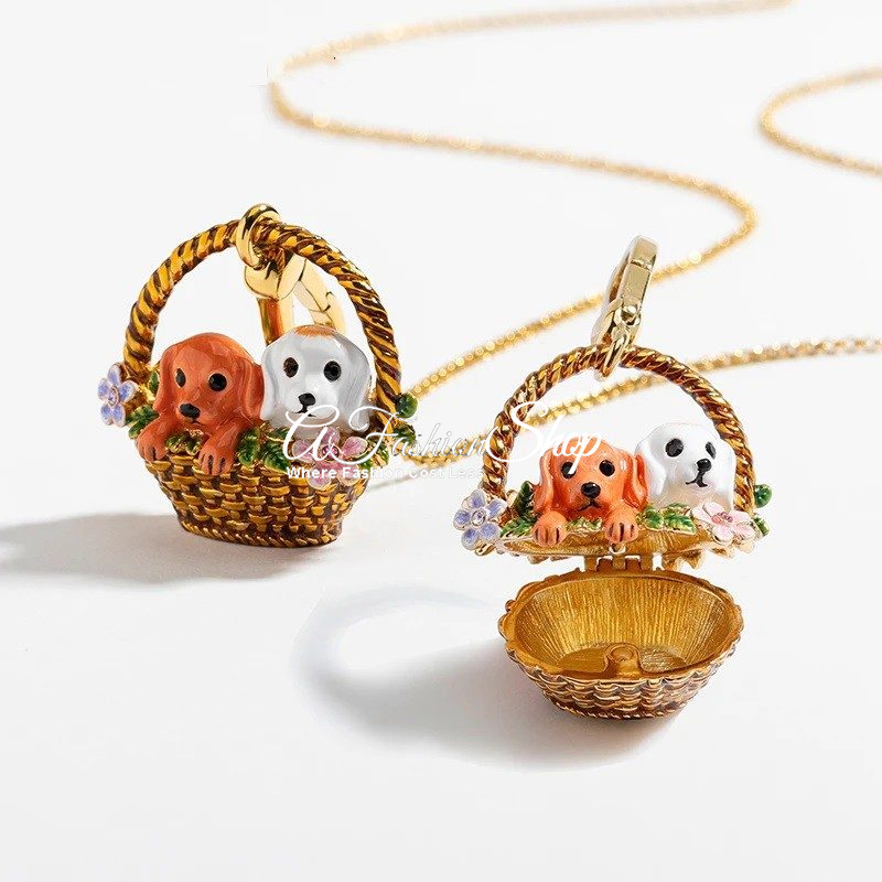 Cute Twin Puppies In Basket Charm+Necklace
