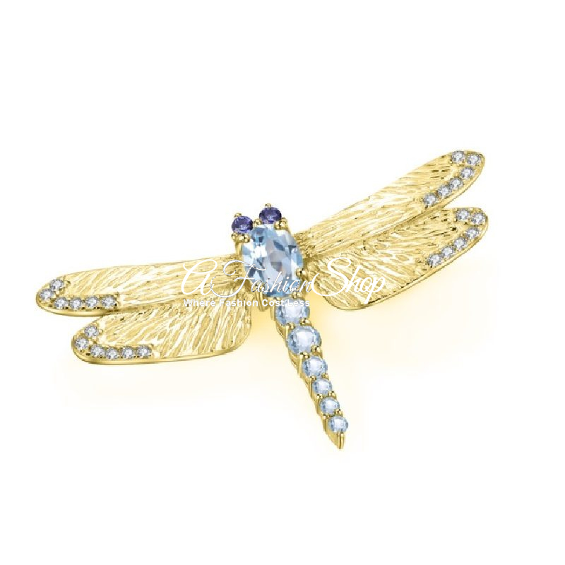 Artisan Dragonfly Blue Topaz Gold Brooch