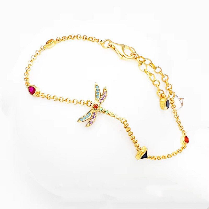 CZ Gold Chain Link Bracelet Colorful Dragonfly