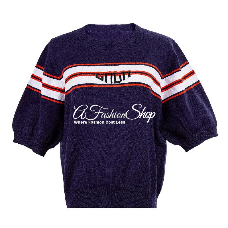 Women Marine Blue Striped Knitwear Pullover