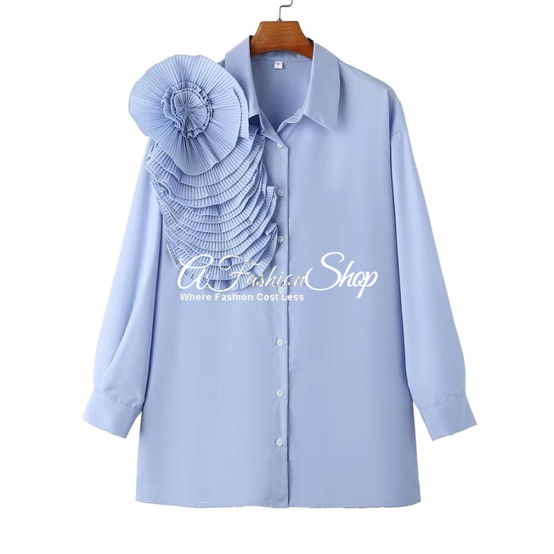 Blue Flower Appliqué Button-Up Shirt