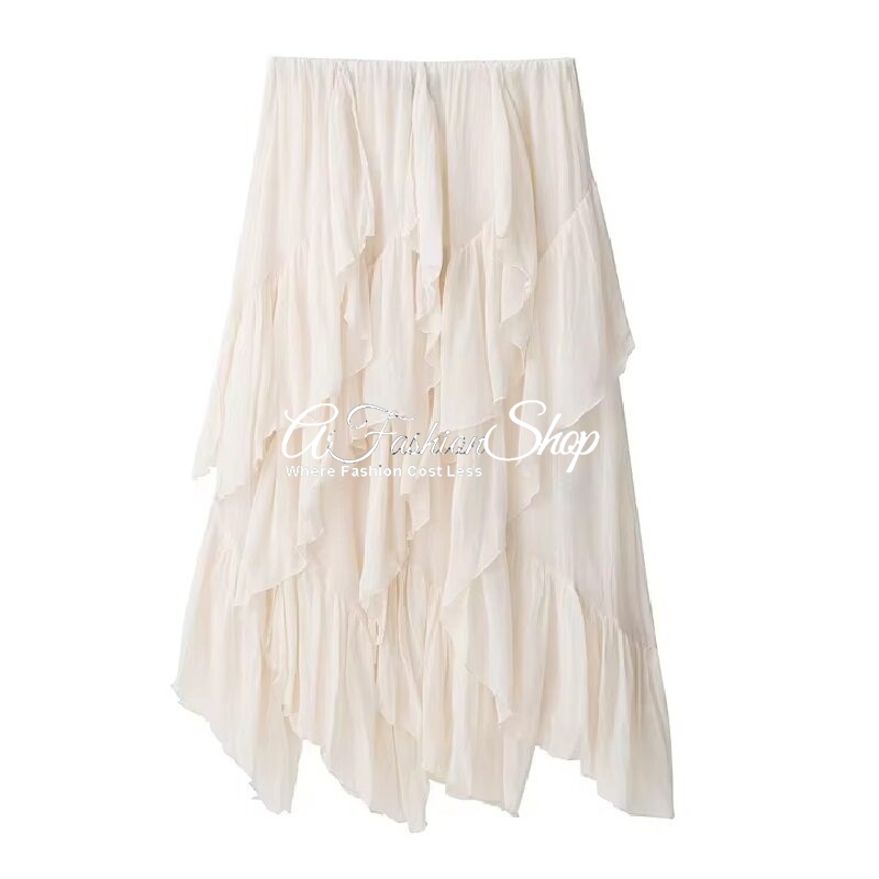 Cascading Tiered Midi Skirt Off-White