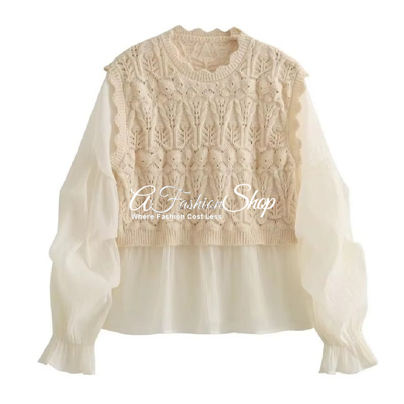 Layered Look Sweater Vest Open-Knit