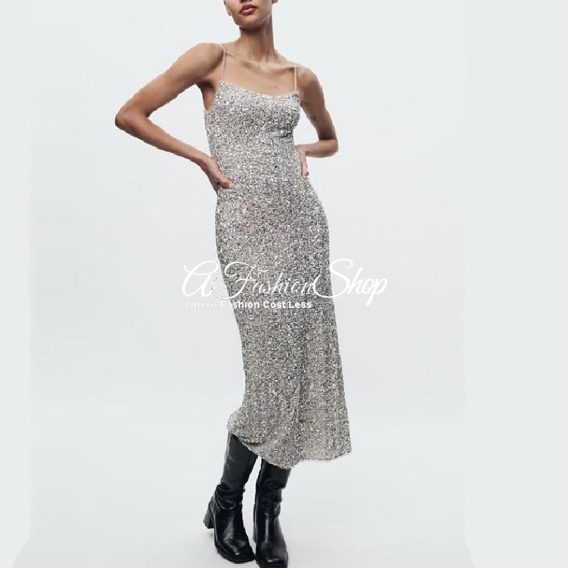 Metallic Sequin Slip Maxi Dress