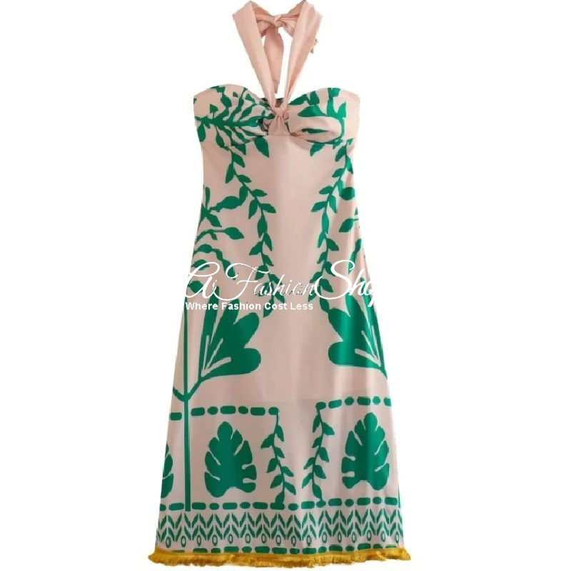 Halter Neck with Leafy Pattern Green Dress